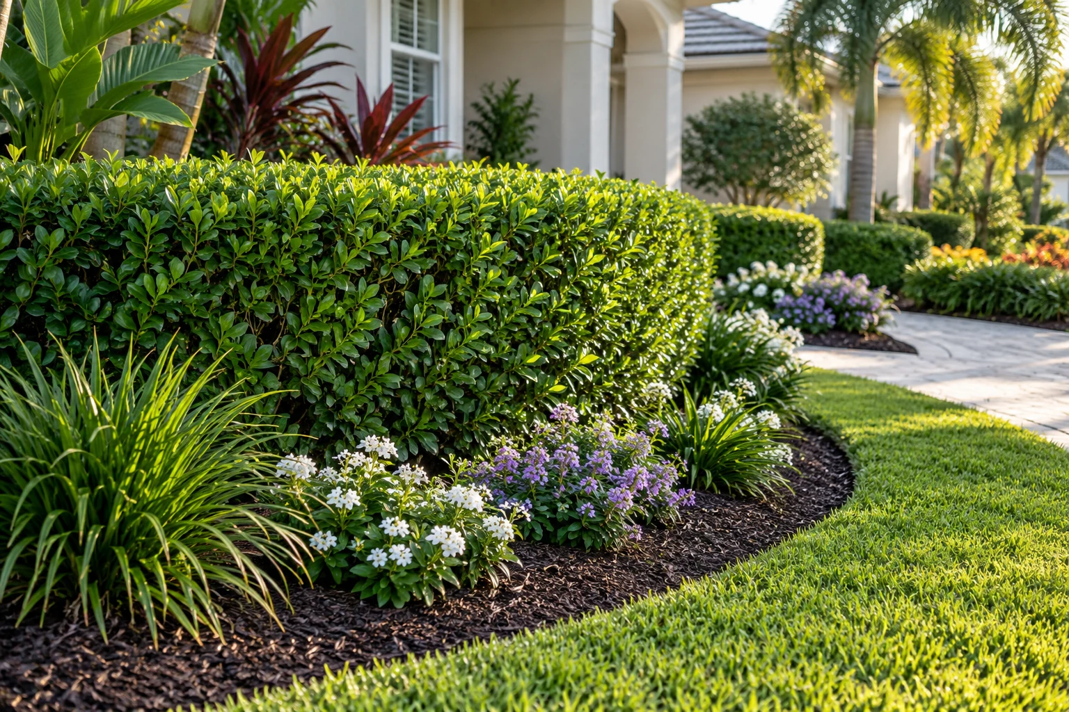 Service illustration of neatly trimmed hedges, small white and purple flowers, mulch, and a crisp lawn edge.